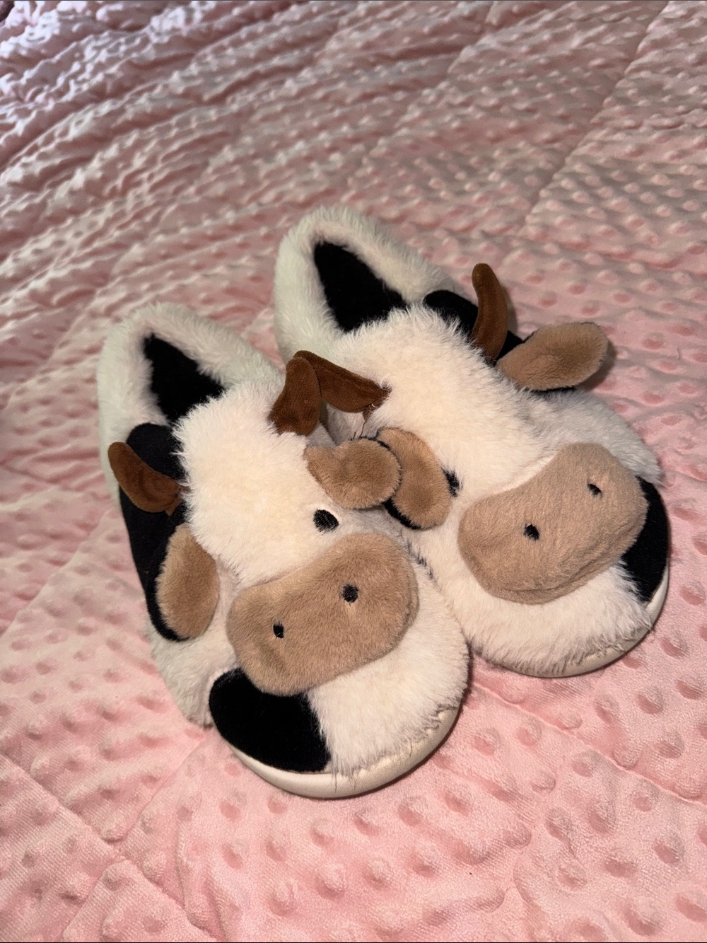 Plush Cow Slippers - White, Black & Brown